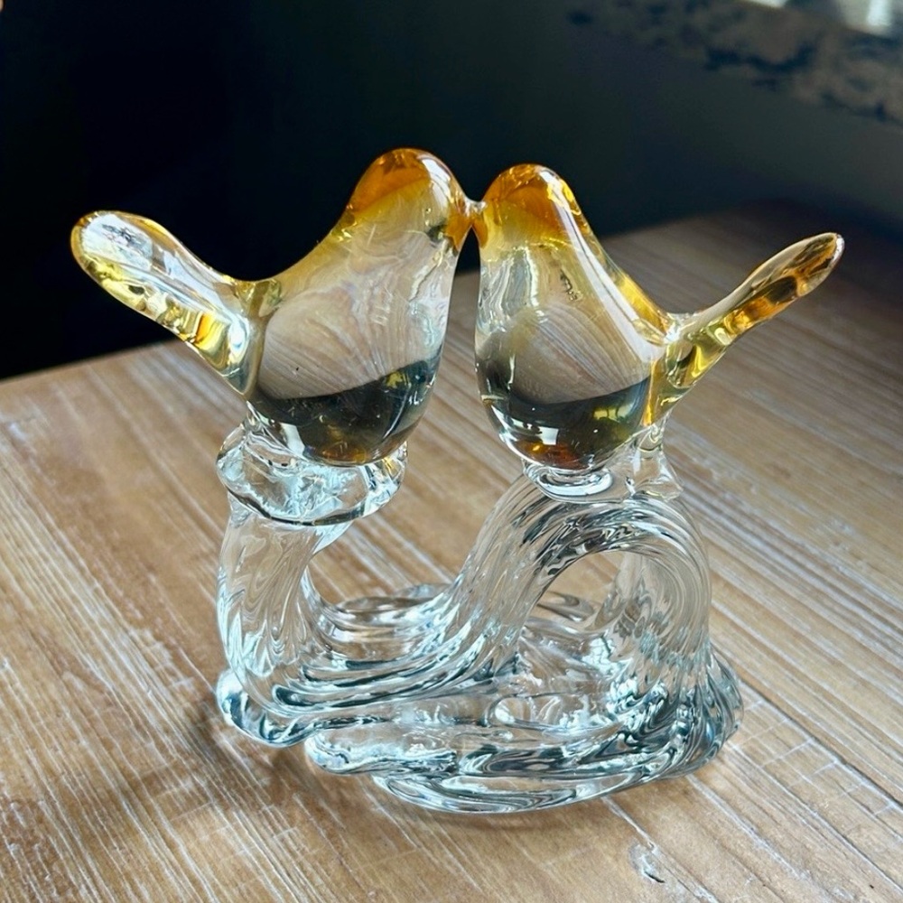 Hand Blown Art Glass Love Birds Gold Amber Clear Glass Marano Style